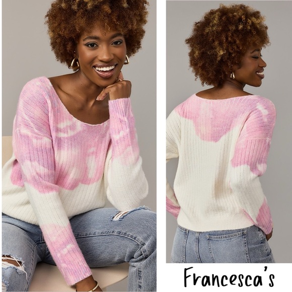 (7)New Francesca’s Tilly Ribbed Pullover Pink And Cream Floral Pattern Sweater - Picture 1 of 5
